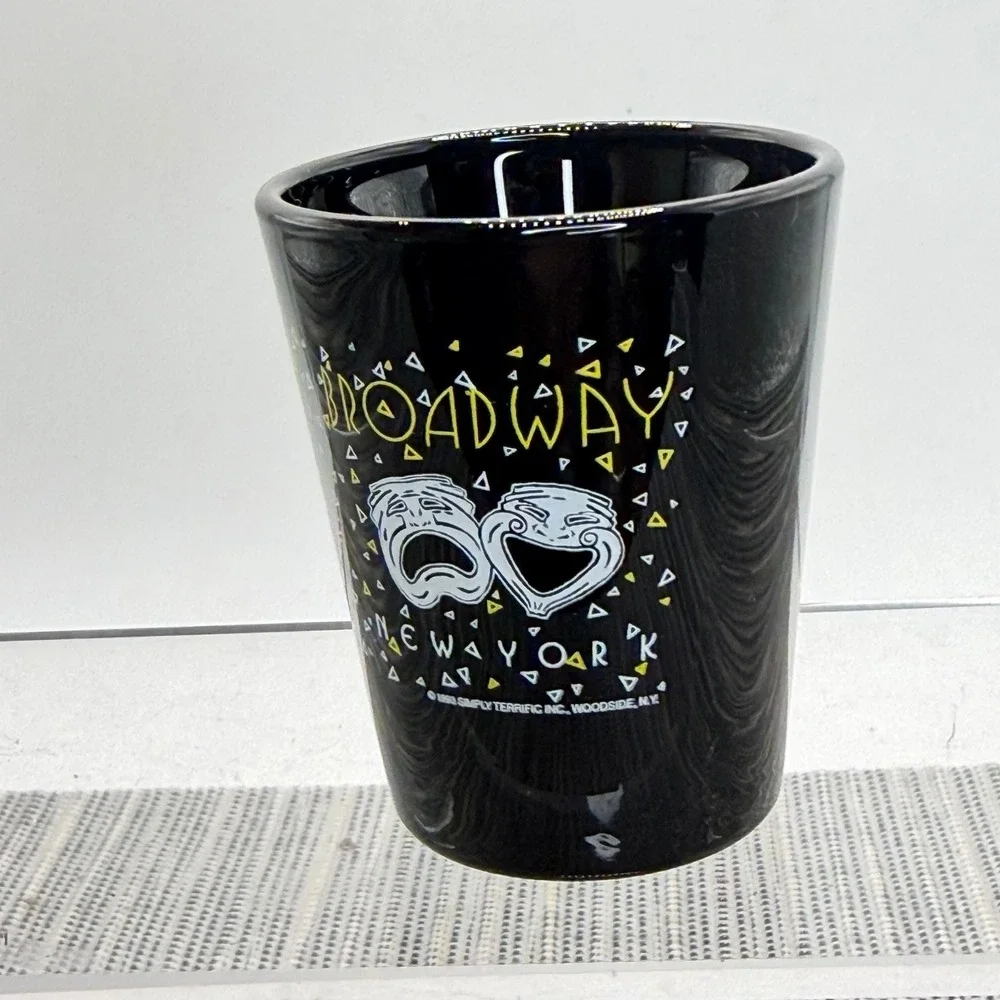 Vintage 1993 Broadway New York Shot Glass Black Ceramic Theater Masks Drama NYC